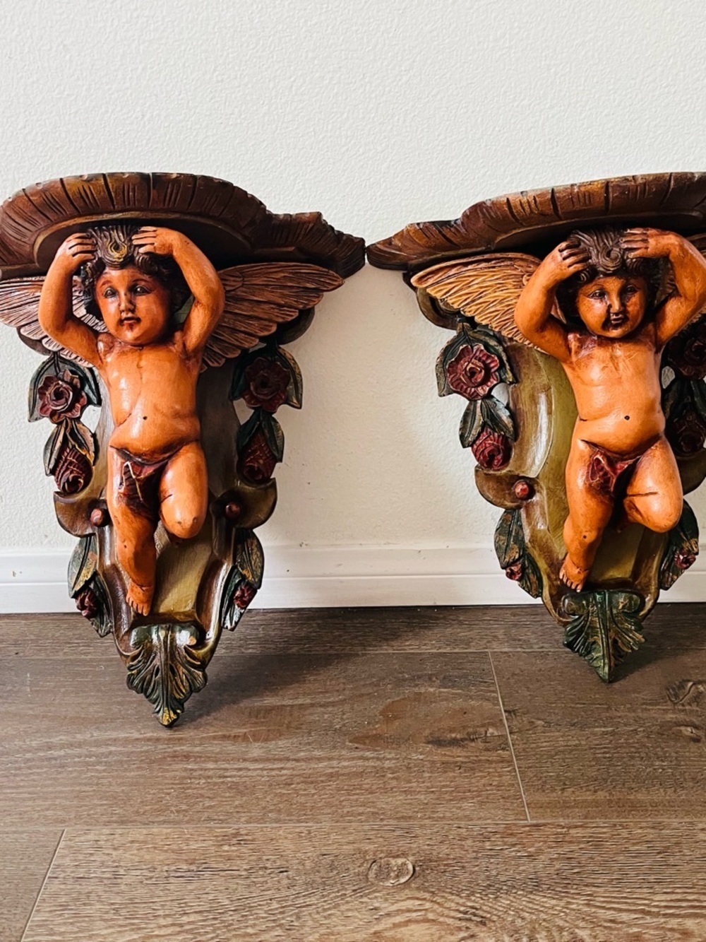 Vintage Italian Polychrome Carved Wood Ornate Wall Bracket Shelf’s